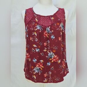 JOLT Burgundy Floral Print Crochet Yoke Camisole Lace- Women's Blouse Size L